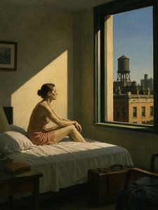 Solitary Woman Sunlit Room Oil Painting — Quiet Contemporary Apartment Wall Art