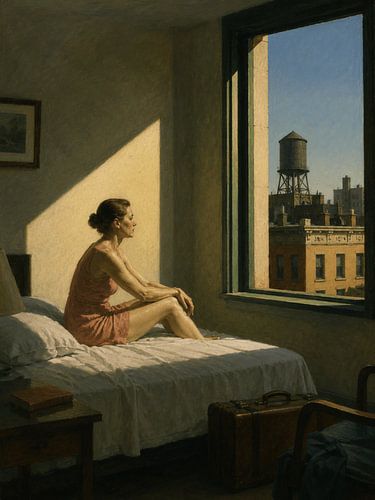 Olieverfschilderij ‘Eenzame vrouw in een zonovergoten kamer’ — Rustige, eigentijdse wanddecoratie voor in huis