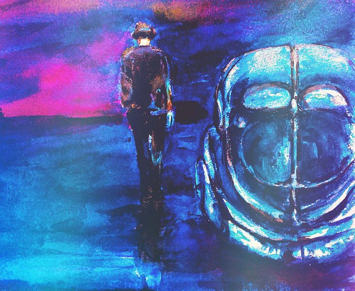 Blauer VW bei Nacht. Handgemalte Aquarellfarbe. von Ineke de Rijk