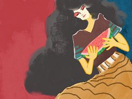 WATERMELON BLISS, woman enjoying fresh fruit, brush stroke style and impressive by Prasilia