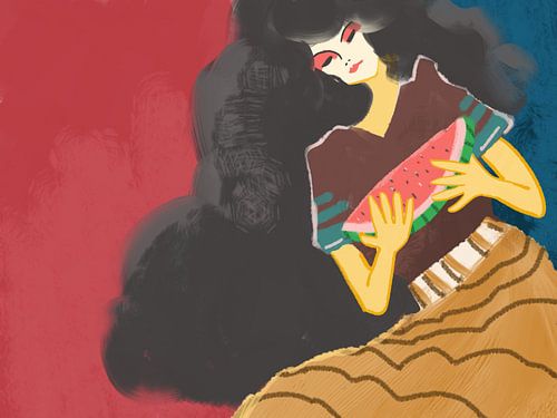 WATERMELON BLISS, vrouw genietend van vers fruit, penseelstreekstijl en indrukwekkend