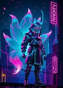 Anime Girl Neon Kitsune Cyberpunk Style Japan