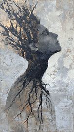 Surrealistisch, op de werkelijkheid gebaseerd abstract portretschilderij over slapeloosheid van Aden Pink Studio