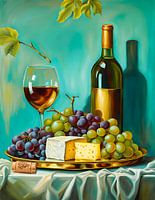 Plateau doré avec raisins, fromage et vin