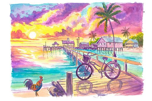 Coucher de soleil à Key West - coq, vélo, jetée, mer