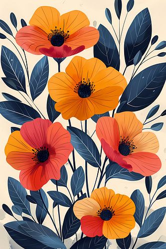 Levendige Illustratie van Kleurrijke Bloemen en Bladeren