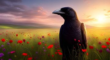 Raven in field with flowers I by Betty Maria Digital Art