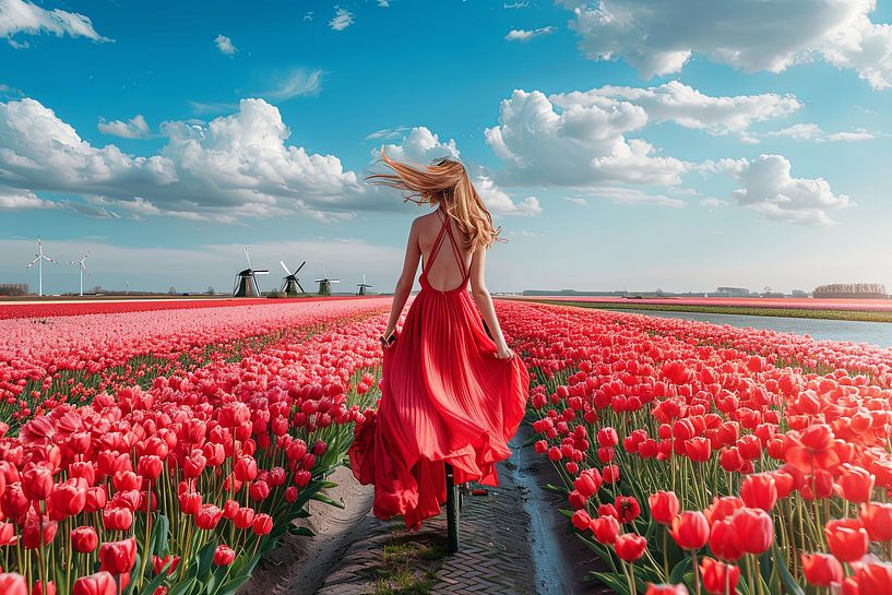 woman cycles through tulip field by Egon Zitter