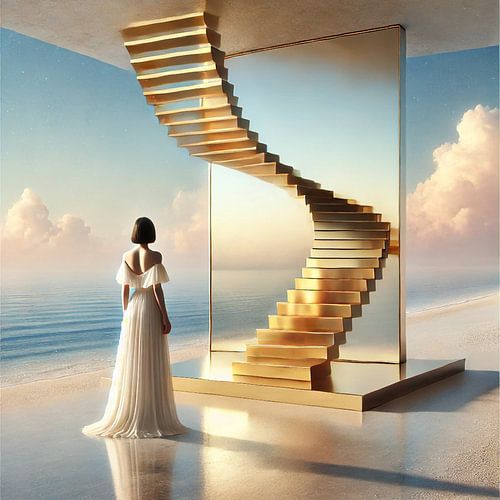 Grace op de Trap – Elegante Kunst met Gouden Accenten