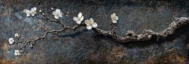 Old wood bonsai almond blossom still life branch dark panorama by Digitale Schilderijen