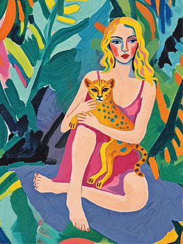 Colorful Pop Art Woman with Cheetah in Jungle
