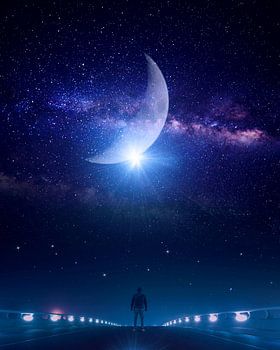Ciel nocturne surréaliste avec la Lune et la galaxie