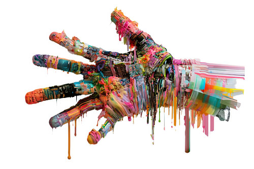 A colourful, abstract hand, full of paint and energy