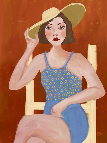 Zomerhoedje, zittend in een zomerjurk, blauwe jurk