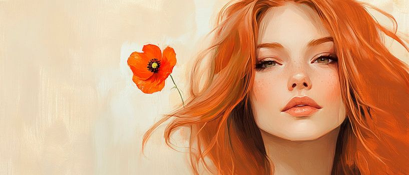 Rotehaarige Schönheit mit Mohnblüte von Poster Art Shop