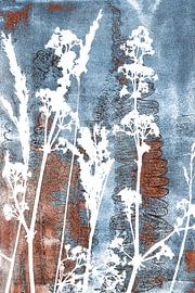 Abstract Retro Botanical. Fern, flowers and grasses in white on  blue by Dina Dankers