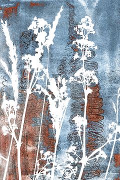 Abstract Retro Botanisch. Varens, bloemen en grassen in wit op blauw