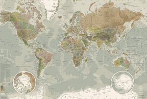 Wereldkaart, in ouderwetse kleuren van MAPOM Geoatlas