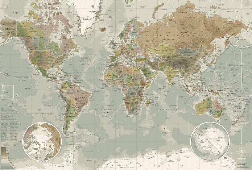 Wereldkaart, in ouderwetse kleuren van MAPOM Geoatlas