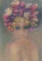 Woman with summer flowers on her head.