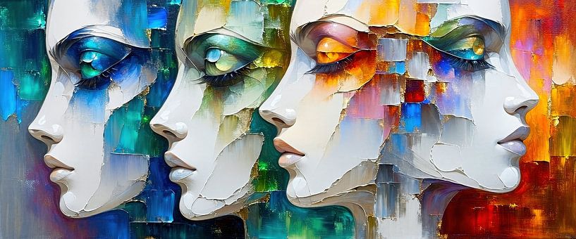 Abstrakte Gesichter – Abstrakte Fragmente in Geometrie – Eine vielschichtige Verschmelzung von Frauengesichtern in Form und Farbe von AidasignArt