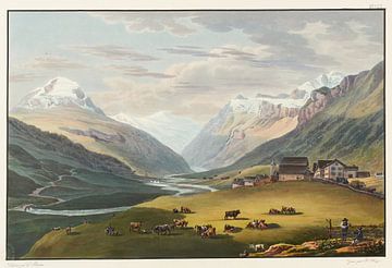 Uitzicht op het dorp Hinterrhein en de eerste bruggen over de Binnenrijn; genomen richting de Rheinwaldgletsjer, Johann Ludwig Bleuler