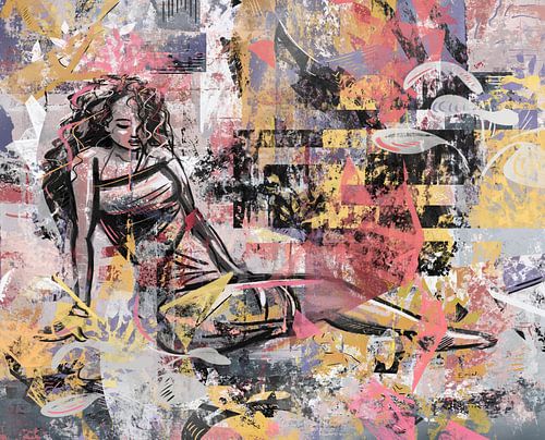 Mixed media kunstwerk liggende vrouw