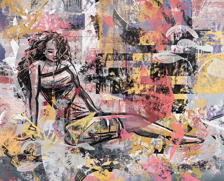 Mixed media kunstwerk liggende vrouw van Emiel de Lange