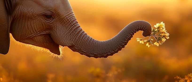 Elefant mit Blume bei Sonnenuntergang von Poster Art Shop