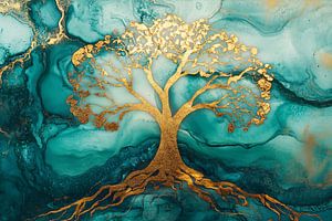 Goldener Baum auf türkisfarbenem Hintergrund