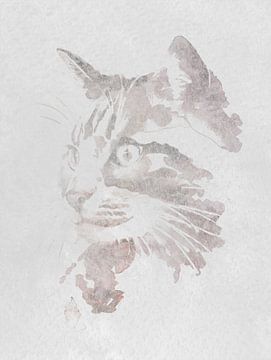 Aquarel van een kat voor een industrieel interieur, kat kijkt naar links van MadameRuiz