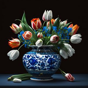 Delfts blauwe vaas met tulpen van Vlindertuin Art