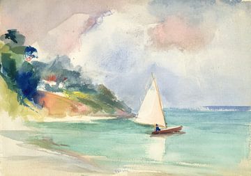 Watercolour sailboat on a calm coast by Niklas Maximilian