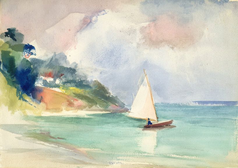Watercolour sailboat on a calm coast by Niklas Maximilian