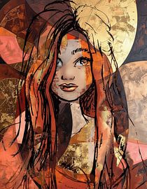 Ausdrucksstarke abstrakte Malerei mit Goldakzenten und Porträt im Manga-Stil von Emiel de Lange