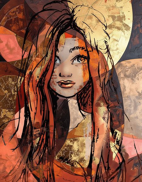 Expressief abstract schilderij met goudaccenten en manga stijl portret van Emiel de Lange