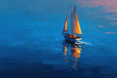 Zeilboot in de avond - Minimalistisch olieverfschilderij