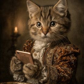 Chat avec Smartphone à la lumière d'une bougie - Portrait mystérieux sur Joriali photographie et peintures