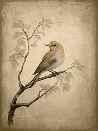 Vintage vogel schilderij. Vogeltje op tak met bladeren