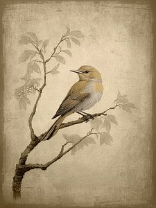 Vintage Vogel Malerei. Vogel auf Ast mit Blättern