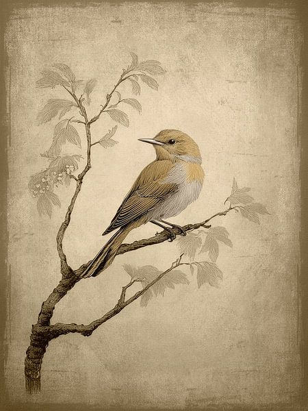 Vintage bird painting. Bird on branch with leaves by Studio Pieternel