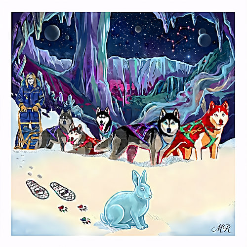 Sled dogs with a hare