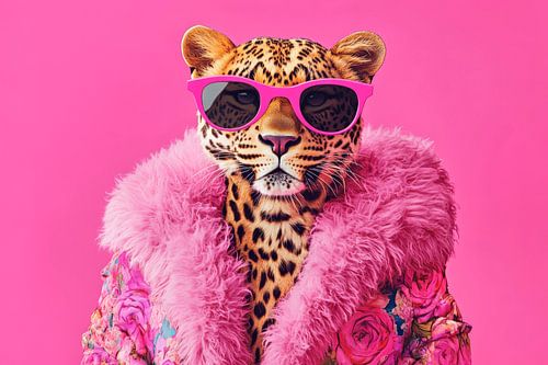 Luipaard in een glamourlook tegen een roze achtergrond