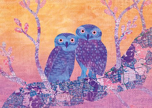 A pair of owls at sunset