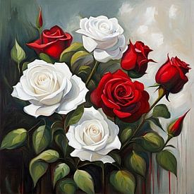 Contrastes romantiques – Roses rouges et blanches à l'huile sur DesignByDessie