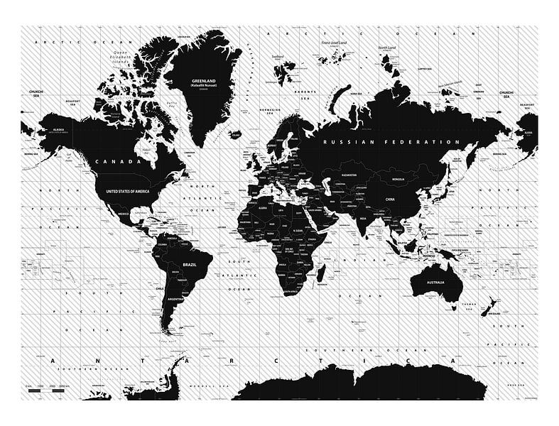 Decorative World Map black and white by Emma Kersbergen
