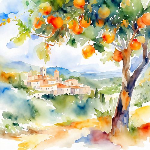 Sunny landscape with an orange tree and a village (AI) (summer, Mediterranean, holiday, travel, painting) by Natalie Bruns