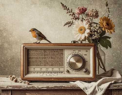 Roodborstje op buisradio