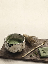 Rustikales Stillleben einer Matcha-Teezeremonie mit handgefertigter Schale und Bambus-Besen von my pixel art