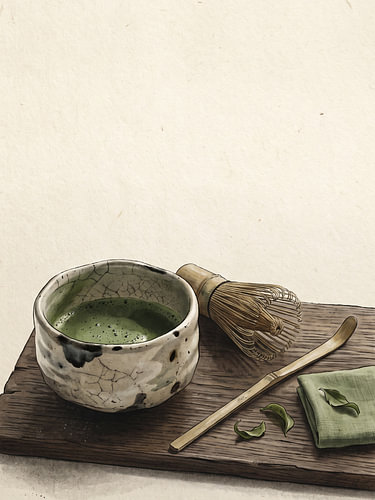 Rustic Matcha Tea Ceremony Still Life With Artisan Bowl and Bamboo Whisk
